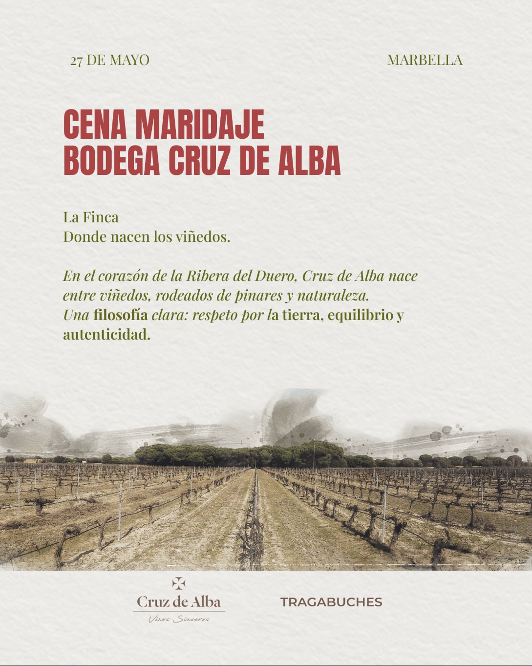 Entre viñedos, gastronomía y vino.
Este 27 de mayo, recibimos a Bodega Cruz de Alba para una noche especial en Marbella. Link de reserva en bio. - Amongst vineyards, fine dining and wine.
On 27 May, we’ll be welcoming Bodega Cruz de Alba for a special evening in Marbella. Link in bio for reservation.