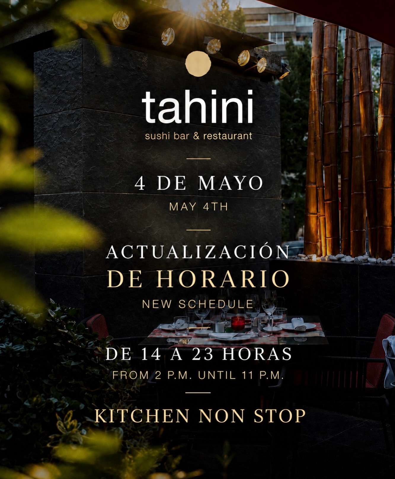 New opening hours from 2:00 PM to 11:00 PM🥢 Book your table on our website or calling us. See you in Puerto Portals! — Nuevo horario de 14:00 a 23:00 horas🥢 Reserva tu mesa en nuestra web o por teléfono. ¡Nos vemos en Puerto Portals!
