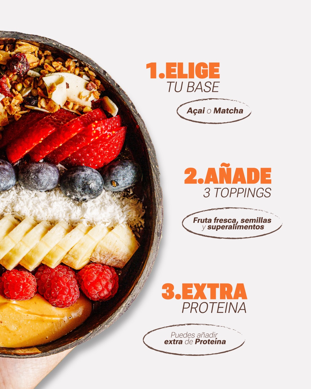 Nuestro bowl es un lienzo en blanco esperando tu combinación favorita: desde la intensidad del Matcha hasta la energía del Açai, coronado con la frescura de la fruta de temporada y superalimentos. 🍓🌿 Desliza para descubrir cómo diseñar tu combinación perfecta. - Our bowl is a blank canvas waiting for your favorite combination: from the intensity of Matcha to the energy of Açai, topped with seasonal fresh fruit and superfoods. 🍓🌿 Swipe to discover how to design your perfect bowl.